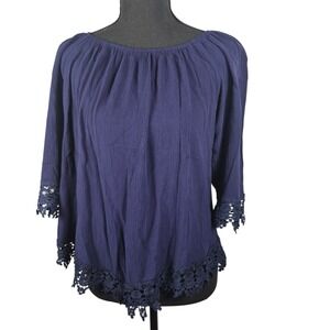 NY Collection Boho Blouse M Blue Lace Trim Peasant Top Rayon Flowy Casual